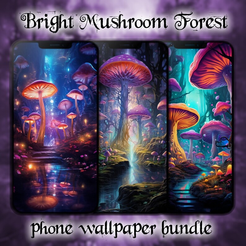 Bright Mushroom Forest Phone Wallpapers, Bundle of 7 Colorful Fantasy ...