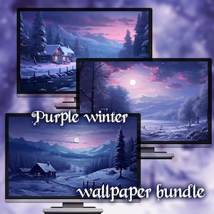 May include: Three computer monitors displaying winter scenes with purple hues, a full moon, and snow-covered landscapes. The text "Purple winter wallpaper bundle" is displayed on the monitors.