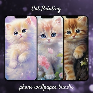 Op de afbeelding: Een telefoon wallpaper bundel met drie katten schilderijen. De tekst "Cat Painting" staat bovenaan en "phone wallpaper bundle" onderaan. Elke telefoon toont een pluizig katje met blauwe ogen, in tinten wit, oranje en crème.