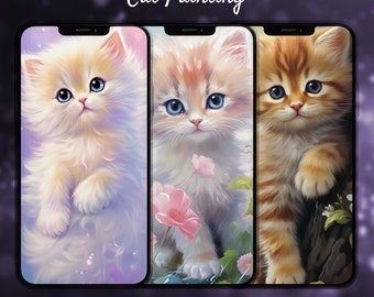 Fondo de pantalla de teléfono con lindo gato, fondo de pantalla de bloqueo con pintura de gato, fondo de pantalla de inicio con lindo gatito, fondo de pantalla estético para iPhone y Android