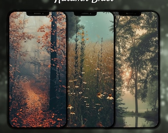 May include: A phone wallpaper bundle showcasing three nature scenes. The wallpapers depict autumn forest paths, tall grasses with wildflowers, and a misty lakeside view. The text "Autumn Blues" and "phone wallpaper bundle" are visible.