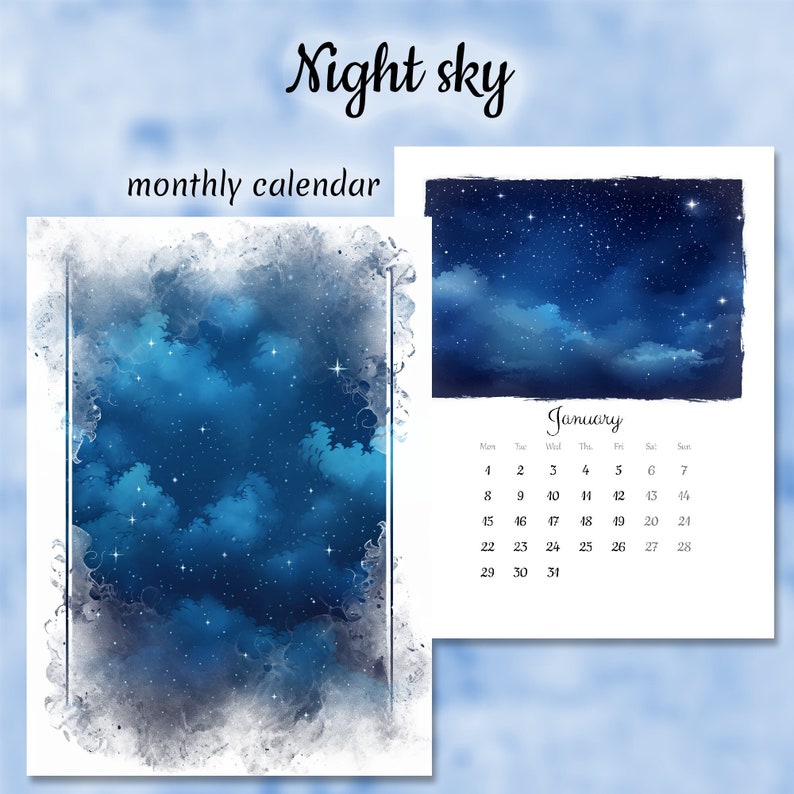Printable Calendar 2024, Night Sky, Artistic Monthly Calendar Printable