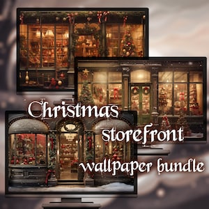 May include: A digital art bundle featuring three screens displaying Christmas storefront scenes. The screens show festive shops decorated with wreaths, ornaments, and Christmas trees. The text "Christmas storefront wallpaper bundle" is overlaid on the screens.