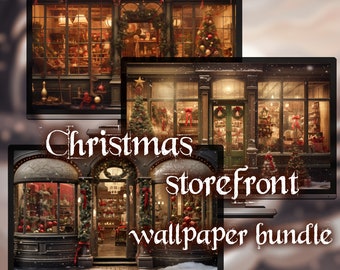 May include: A digital art bundle featuring three screens displaying Christmas storefront scenes. The screens show festive shops decorated with wreaths, ornaments, and Christmas trees. The text "Christmas storefront wallpaper bundle" is overlaid on the screens.