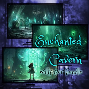 Enchanted cavern desktop wallpapers, Bundle of 8 magical cave with runes and witch girl computer backgrounds, in 4K 3840x2160 UHD resolution