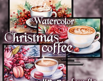 May include: A digital wallpaper bundle featuring watercolor illustrations of Christmas coffee. The images include coffee cups, festive berries, and macarons. The text on the image reads "Watercolor Christmas coffee wallpaper bundle."