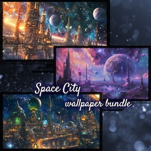 May include: A digital art bundle of three space city wallpapers. Each wallpaper features a futuristic city with glowing lights and a starry sky. The text "Space City wallpaper bundle" is displayed in the center of the image.