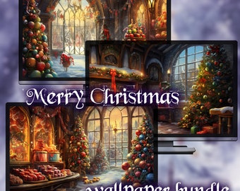 May include: A digital wallpaper bundle featuring three computer monitors displaying festive Christmas scenes. Each scene showcases decorated Christmas trees, gifts, and a snowy outdoor view. The text "Merry Christmas" and "wallpaper bundle" are visible.