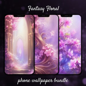 May include: A phone wallpaper bundle with three different designs featuring a fantasy floral theme. The first design shows a glowing archway with pink flowers and a soft purple background. The second design features a pink flower with a golden branch and a purple background. The third design shows a cluster of pink flowers with a purple background and sparkling lights.