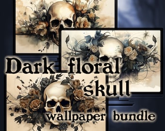 May include: Dark floral skull wallpaper bundle. The image features three digital displays showcasing skull art with floral arrangements. The skulls are white, and the flowers are in shades of brown, blue, and cream. The text "Dark floral skull wallpaper bundle" is displayed.