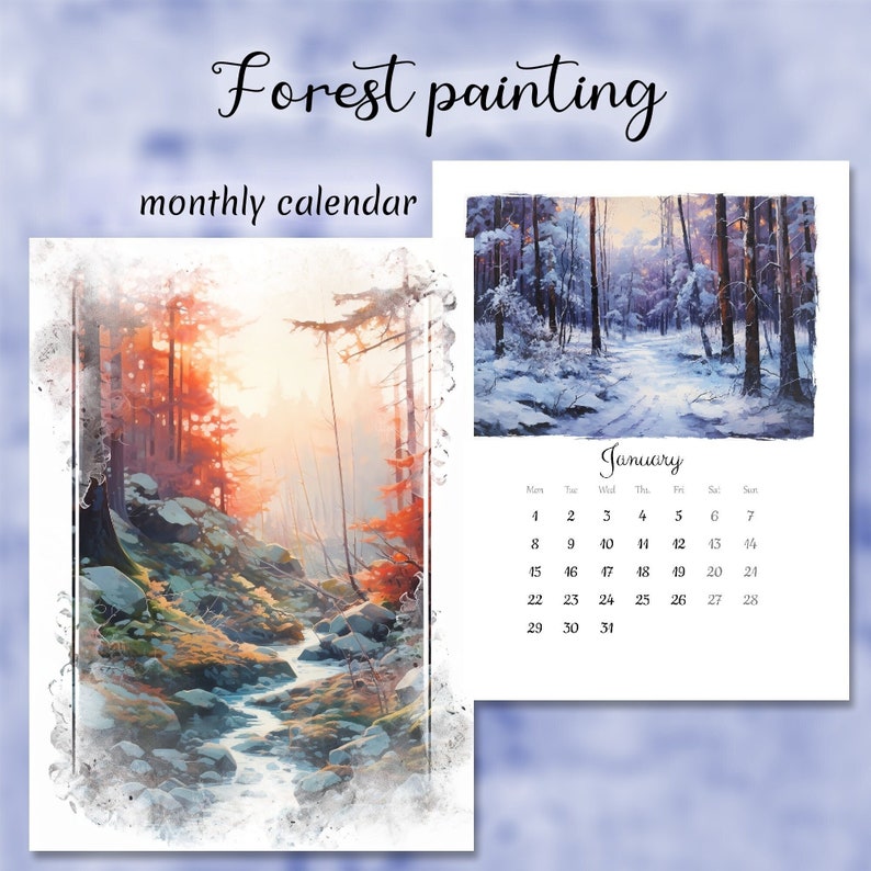 Printable Calendar 2025, Forest Painting, Artistic Monthly Calendar