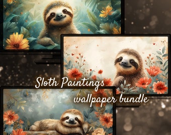 Cute Sloth Animal Desktop Wallpaper, Cute Sloth Wallpaper, Valentines Day Gift, Animal Portrait Squirrel Painting Nature Desktop Background