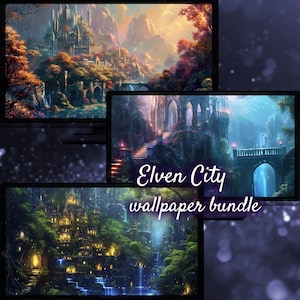 Sfondo della città degli elfi, sfondo del desktop RPG Magic Fantasy, idea regalo Dungeons and Dragons, sfondi del desktop della foresta incantata per desktop