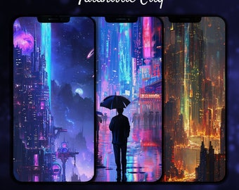 Futuristic City Cyberpunk Phone Background, Synthwave Urban Lock Screen Wallpaper, Vaporwave Home Screen Background iPhone Wallpaper Android