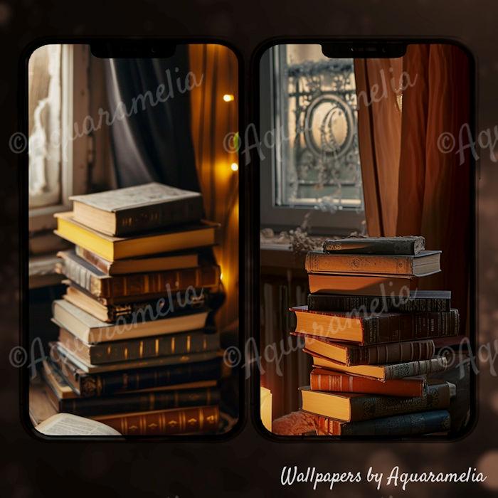 Android:background Stacked Stacked Books Library Academia Phone Wallpapers, Digital Download ...