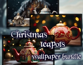 May include: A digital display shows a Christmas teapots wallpaper bundle. The image features several teapots with festive designs, including a red teapot with gold accents and a teapot shaped like a house. The text "Christmas teapots wallpaper bundle" is overlaid.