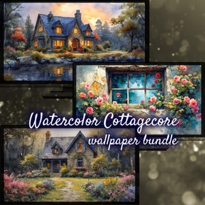 May include: A digital collage of three watercolour paintings featuring cottagecore scenes. The first image shows a stone cottage with lit windows at dusk. The second image shows a window with a view of a cloudy sky, framed by pink flowers. The third image shows a stone cottage with a path leading to the front door, surrounded by flowers and trees.