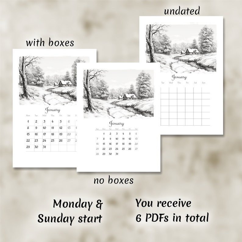 Printable Calendar 2024, Penandink Landscapes Artistic Monthly