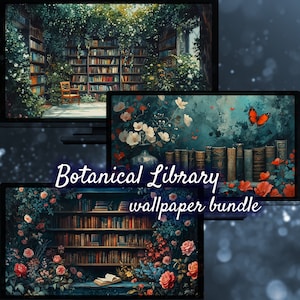 Botanical Library Background, Romantic Books, Reading Desktop Background, Desktop Wallpaper for Librarians, Aesthetic Desktop Wallpapers
