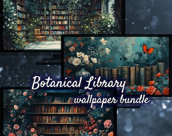 Botanical Library Background, Romantic Books, Reading Desktop Background, Desktop Wallpaper for Librarians, Aesthetic Desktop Wallpapers