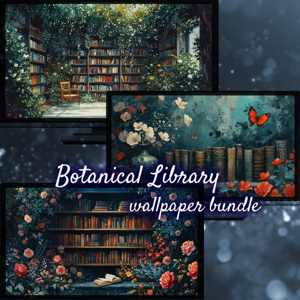 Botanical Library Background, Romantic Books, Reading Desktop Background, Desktop Wallpaper for Librarians, Aesthetic Desktop Wallpapers