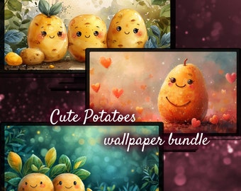 Cute Potato Vegetable Desktop Wallpaper, Kawaii Potato Wallpaper, Food Lovers Gift Cute Food Desktop Background, Kawaii Potatoes Background