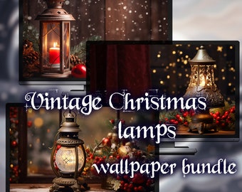 May include: A digital display shows three vintage Christmas lamp wallpapers. The wallpapers feature lit lanterns, pinecones, and red berries. The text "Vintage Christmas lamps wallpaper bundle" is overlaid on the image.