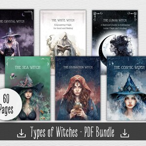Può includere: Un pacchetto di download digitale di sei guide illustrate su diversi tipi di streghe, tra cui la Strega di Cristallo, la Strega Bianca, la Strega Lunare, la Strega del Mare, la Strega della Divinazione e la Strega Cosmica. Ogni guida presenta un'illustrazione ad acquerello di una strega con un titolo e una descrizione. Il pacchetto include 60 pagine.