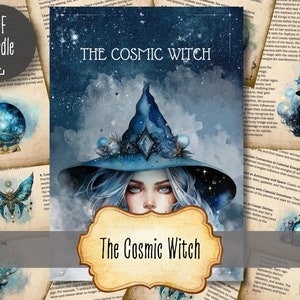Puede incluir: Una ilustración digital de una bruja cósmica con un sombrero azul y blanco y un vestido azul. El fondo es un cielo nocturno estrellado. El texto "The Cosmic Witch" está escrito en una pancarta en la parte inferior de la imagen.