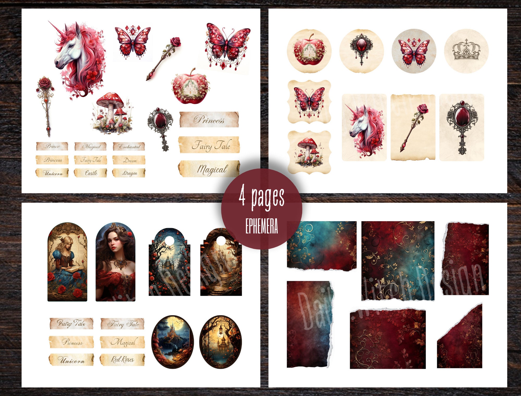 Red Fairy Tale Junk Journal Kit, Digital Download, Printable Pages ...