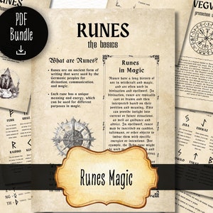 May include: A printable guide to runes, an ancient form of writing used for divination and magic. The guide includes information about the history of runes, their meanings, and how to use them in magic. The guide features a vintage aesthetic with a brown background and black text.