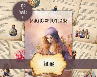 Magic of Potions PDF-bundel, hekserij, alchemie, afdrukbare Grimoire-pagina's, Book of Shadows, BOS-pagina's, Instant Download