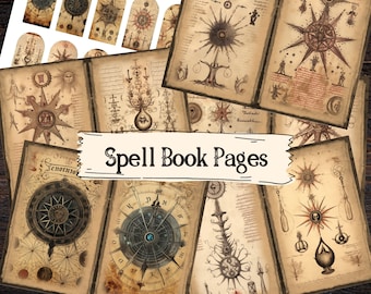 May include: A collection of vintage-style spell book pages featuring intricate illustrations of stars, symbols, and other mystical imagery. The pages are aged and worn, giving them an authentic look. The text on the pages reads "Spell Book Pages".