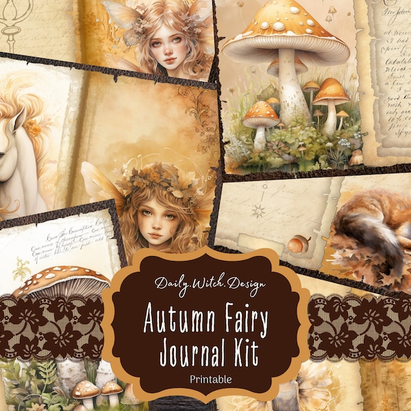 Herbst Wald Fee Junk Journal Kit, Fantasy, digitaler Download, Golden Forest druckbare Seiten, Ephemera, Fee Scrapbook, digitales Papier