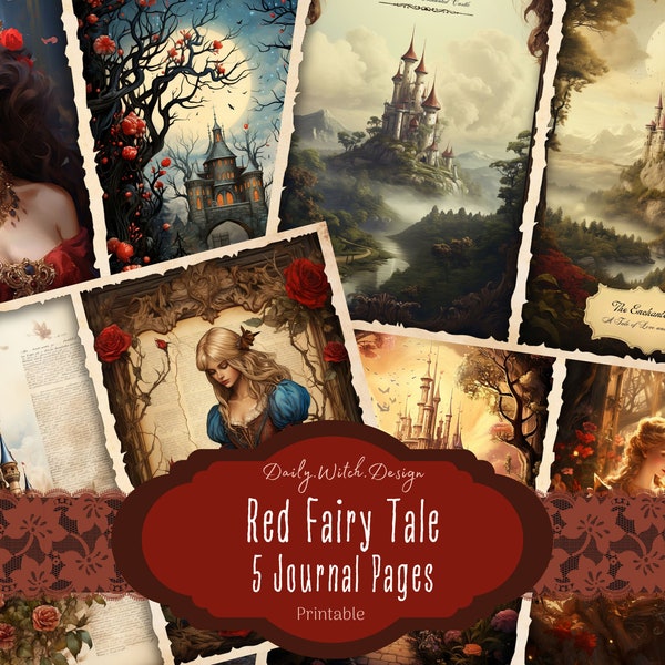Red Fairy Tale Junk Journal Pages, Fantasy Junk Journal Kit, Printable Paper, Digital Collage Sheet, Scrapbook Paper, Instant Download