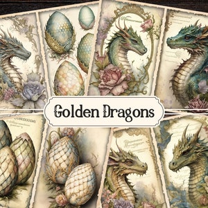Golden Dragons Junk Journal Pages, Vintage Ephemera, Magic Junk Journal, Dragon Printable, junk journaling, scrapbook