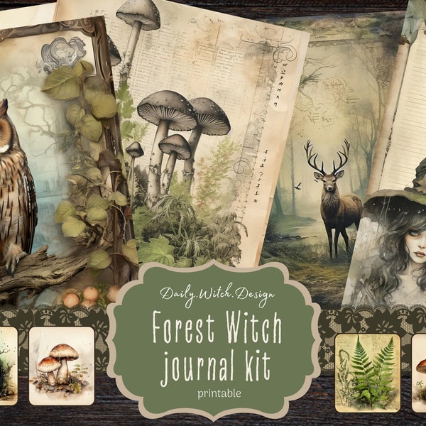 Forest Witch Junk Journal Kit, Descarga digital, Páginas imprimibles, Ephemera, Tarjetas ATC, Scrapbook, Collage, Grimorio