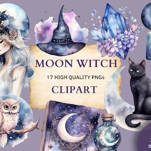 Moon Witch Clipart, Watercolor Witch, Watercolor Celestial, 17 PNG Files,Book of Shadows, Scrapbook, Prints, Design, Commercial Use