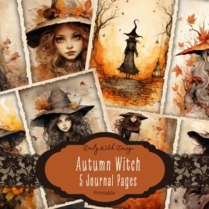 Autumn Witch Junk Journal Pages, Watercolor Junk Journal Kit, Printable Paper, Digital Collage Sheet, Scrapbook Paper, Instant Download