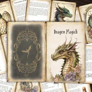 Könnte beinhalten: Ein Vintage-Buch mit dem Titel "Dragon Magick" auf dem Cover. Das Buch zeigt einen grünen Drachen vor einem floralen Hintergrund. Die Seiten des Buches sind geöffnet und zeigen Illustrationen von Drachen und anderen magischen Kreaturen.