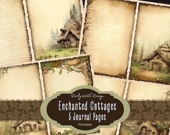May include: Five printable journal pages featuring illustrations of whimsical cottages in a forest setting. Each page has a distressed, aged paper texture and a decorative border. The text "Enchanted Cottages 5 Journal Pages Printable" is displayed on the bottom of the image.