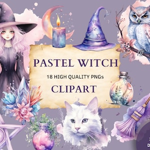 Pastel Witch Clipart, Watercolor Witch, Watercolor Pastel Magick, 18 PNG Files,Book of Shadows, Scrapbook, Prints, Design, Commercial Use