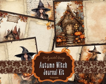 May include: Printable journal kit with a witch, a cottage, and autumn leaves. The kit includes the text "Daily Witch Design" and "Autumn Witch Journal Kit".