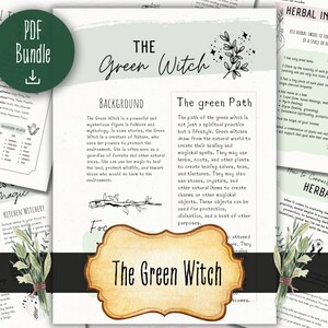 May include: A printable guide to green witchcraft with a watercolor background and illustrations of plants. The text includes information about the Green Witch, the green path, herbal incense, and how to connect with herbal magic.