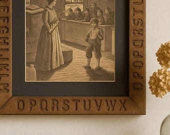 Lámina enmarcada con el alfabeto de la escuela, decoración rústica de pared estilo granja.