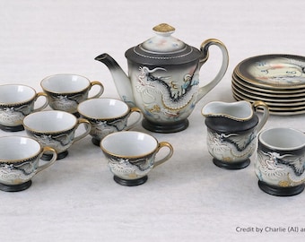 Vintage Dragonware Tea Set: Hand Painted Moriage Teapot, Cups, Plates, Creamer, Sugar Bowl