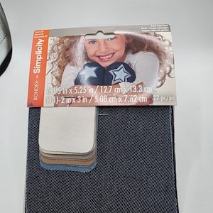 May include: A Bondex by Simplicity patch value pack containing 22 fabric patches in various colors and sizes. The packaging displays the text Patch Value Pack, 8 pieces measuring 5 in x 5.25 in, and 14 pieces measuring 2 in x 3 in.