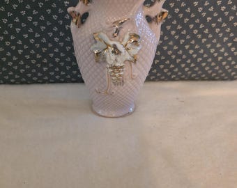 Vintage Japan Pink Lusterware Bud Vase Gold Trim Applied Grape Leaf 5"
