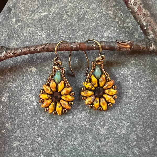 Daisy / Sunflower Glass Bead Earrings - boho, rustic, artisan, western, flower, lightweight, yellow picasso bead, handmade, beaded drop