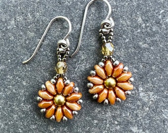 Daisy / Sunflower Earrings - boho, rustic, western, artisan, flower, hypoallergenic, glass bead, light weight, picasso beads, handmade